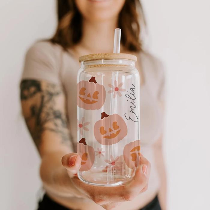 Fall Glass Cups with Lid and Straw, Iced Coffee Cup, Custom Glass Tumbler, Pumpkin Spiced Latte Cup, Drink Barware, Personalized Gift