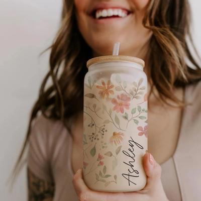 Personalized Iced Coffee Cup Floral Retro, Custom Can Glass with Lid and Straw, Bridesmaid Gift, Bachelorette Glass Cup, Bridesmaid Proposal