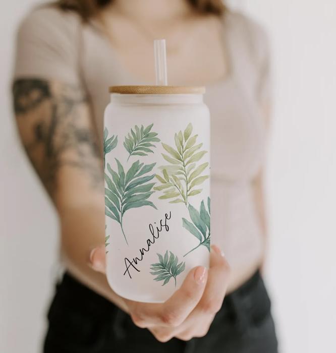 Personalized Iced Coffee Cup Floral Shell, Custom Can Glass with Lid and Straw, Bridesmaid Gift, Bachelorette Glass Cup, Bridesmaid Proposal