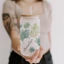 Palm (Frosted Cup) Personalized Iced Coffee Cup Floral Shell, Custom Can Glass with Lid and Straw, Bridesmaid Gift, Bachelorette Glass Cup, Bridesmaid Proposal