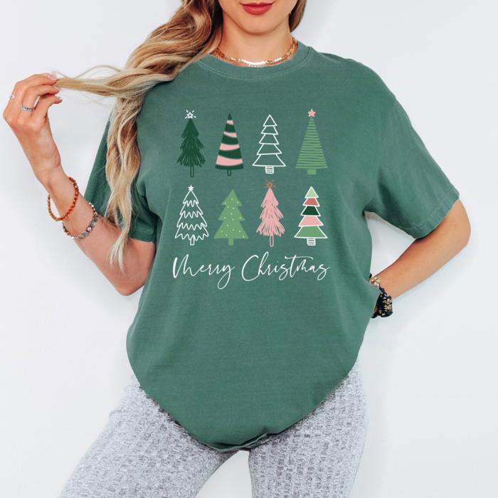 Pink Boho Merry Christmas Trees Comfort Colors Tee, Cute Holiday Graphic Shirt for Women, Boho Pink and Green Christmas Tree T-Shirt, Cozy Festive Holiday Outfit