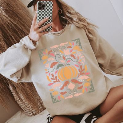Fall Pumpkin Crewneck Sweatshirt for Women, Cozy Autumn Pullover with Pumpkins and Flowers, Cute Thanksgiving Sweatshirt, Neutral Fall Aesthetic Outfit
