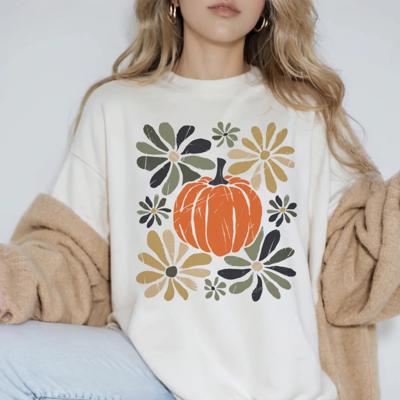 Pumpkin Floral Graphic Tee for Fall, Neutral Aesthetic Comfort Colors Shirt, Autumn Flowers and Pumpkin Design for Cozy Weather