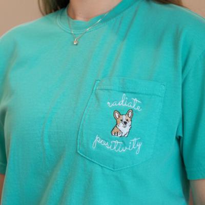 Radiate Positivity Embroidered Shirt, Corgi Pocket Tee, Cute Dog Lover Gift, Embroidered Graphic Tee, Positive Quote Shirt, Aesthetic Pet Lover Tee