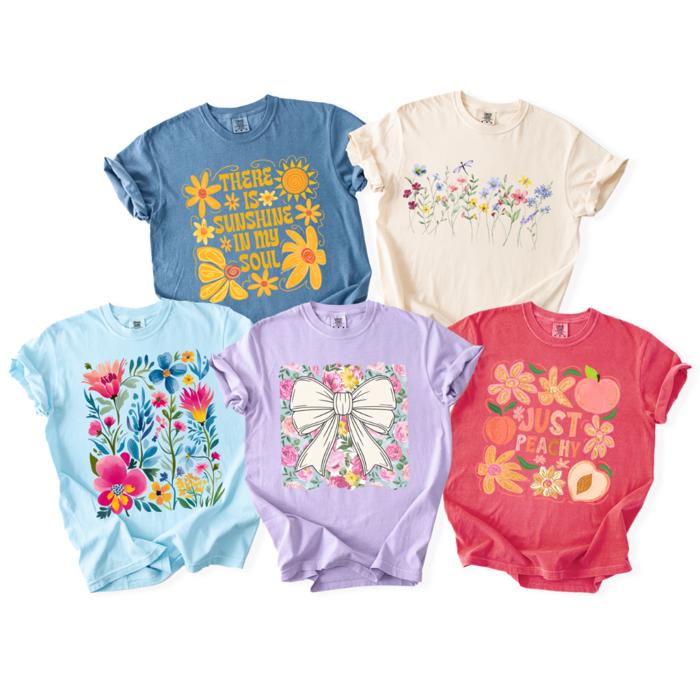 Spring & Summer Graphic Tees for Women, Floral, Peach, and Bow Comfort Colors Shirts, Garden and Sunshine Inspired T-Shirt, Trendy Bright & Cheerful Designs