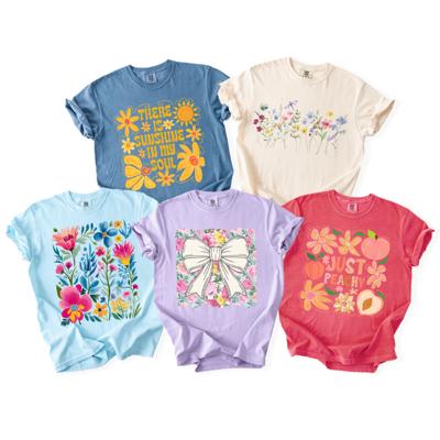 Spring & Summer Graphic Tees for Women, Floral, Peach, and Bow Comfort Colors Shirts, Garden and Sunshine Inspired T-Shirt, Trendy Bright & Cheerful Designs
