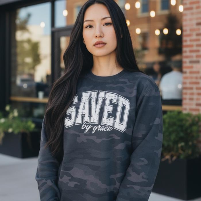 Saved by Grace Sweatshirt, Christian Camo Crewneck, Faith Based Bible Verse Sweatshirt, Religious Sweater Gift for Women