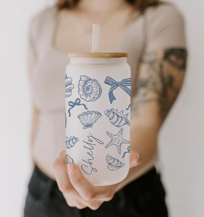 Personalized Iced Coffee Cup Floral Shell, Custom Can Glass with Lid and Straw, Bridesmaid Gift, Bachelorette Glass Cup, Bridesmaid Proposal