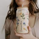 Spring Floral (Frosted Cup) Personalized Iced Coffee Cup Floral Shell, Custom Can Glass with Lid and Straw, Bridesmaid Gift, Bachelorette Glass Cup, Bridesmaid Proposal