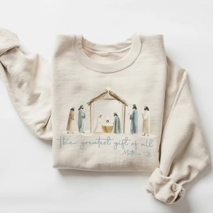 The Greatest Gift of All Matthew 1:21 Crewneck, Christian Christmas Sweater, Faith Holiday Gift, Religious Winter Pullover