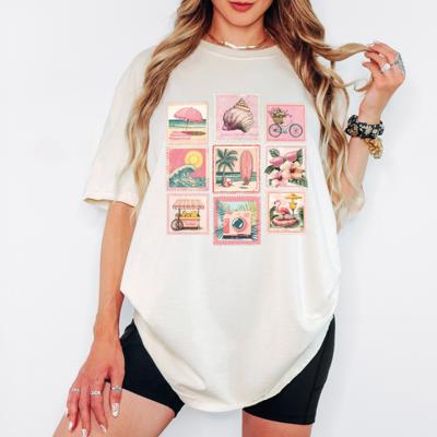Pink Summer Beach Postcards Graphic Tees for Women, Tropical Style Comfort Colors Shirts, Girly and Summertime Inspired T-Shirt