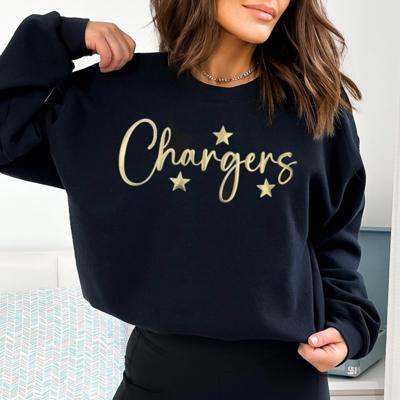 Personalized Gold Font Crewneck Sweatshirt, Personalized School Name Crewneck, Game Day Stars Sweater with Stars, Custom Sports Fan Gift