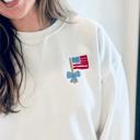  Embroidered Mini Flag & Bow 4th of July Sweatshirt – Cute Patriotic Crewneck for Women, USA Flag Embroidery, Independence Day Outfit