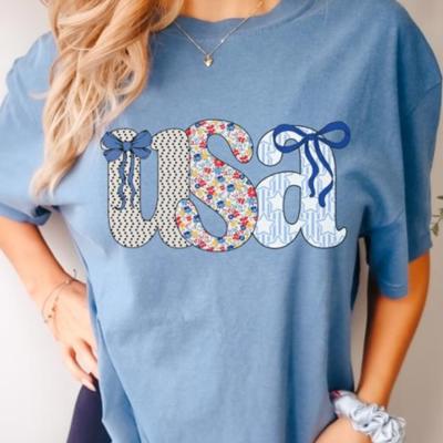 USA Bow Graphic Comfort Colors Tee – 4th of July Patriotic Shirt for Women, Cute Oversized Vintage America T-Shirt
