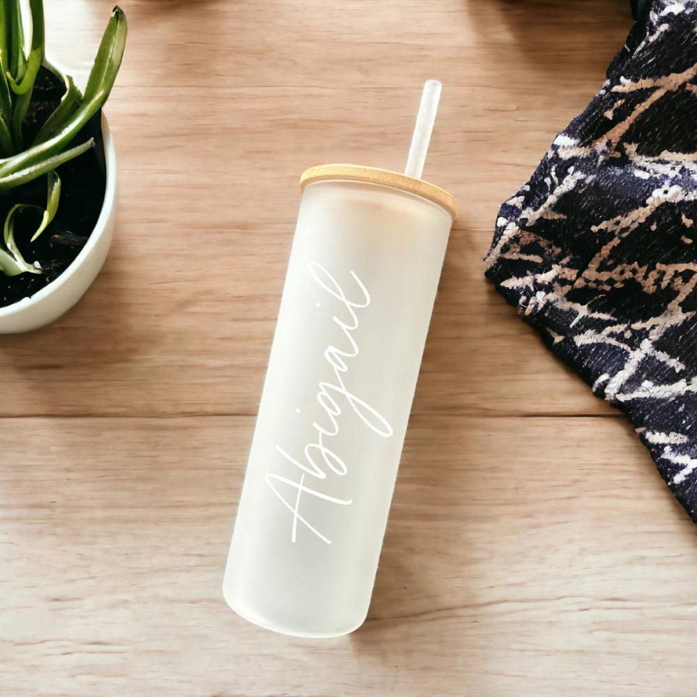 Glass Personalized Skinny Tumbler Bridesmaid Proposal, Future Mrs, Frosted Glass Tumbler, Bamboo Lid Coffee Cup, Coffee Cup With Name