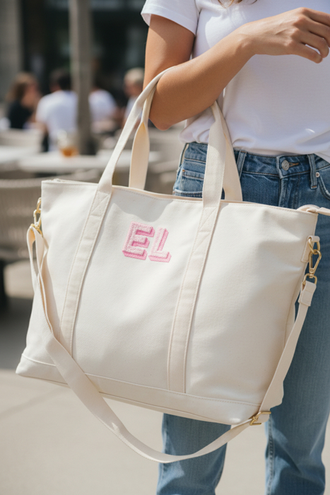 Embroidered Tote Bag, Nylon Name Classic Tote, Bridesmaid Gift, Bridal Party Bag, Personalized Tote with Zipper, Gift for Her, Everyday Tote