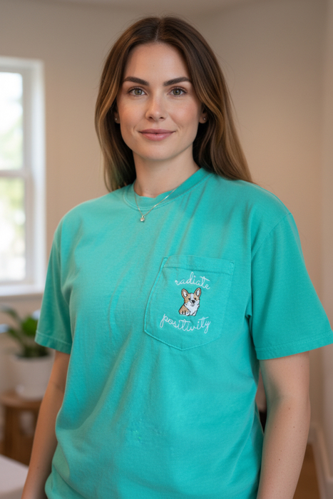 Radiate Positivity Embroidered Shirt, Corgi Pocket Tee, Cute Dog Lover Gift, Embroidered Graphic Tee, Positive Quote Shirt, Aesthetic Pet Lover Tee