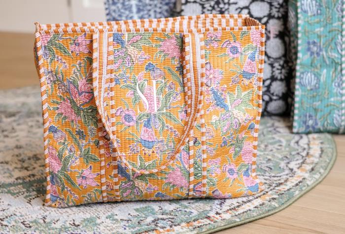 Embroidered Cotton Quilted Bag, Block Print Tote Bag for Women, Boho Travel Bag, Handmade Shoulder Purse, Large Floral Weekender, Bridesmaid