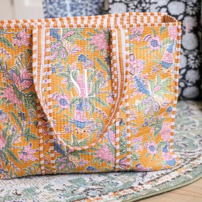 Embroidered Cotton Quilted Bag, Block Print Tote Bag for Women, Boho Travel Bag, Handmade Shoulder Purse, Large Floral Weekender, Bridesmaid