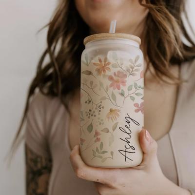 Personalized Iced Coffee Cup Floral Shell, Custom Can Glass with Lid and Straw, Bridesmaid Gift, Bachelorette Glass Cup, Bridesmaid Proposal