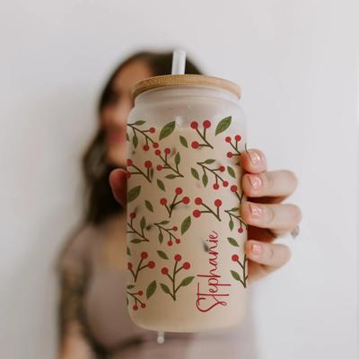 Personalized Christmas Winter Berry Glass Cup, Custom Name Holiday Iced Coffee Cup, Frosted or Clear Glass Can, Gift for Her