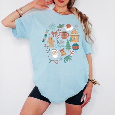 Christmas Doodle Comfort Colors Tee, Cute Holiday Graphic Tee for Women, Cozy Festive Christmas Shirt, Gingerbread & Candy Cane Holiday T-Shirt, Vintage Garment Dyed Comfort Colors