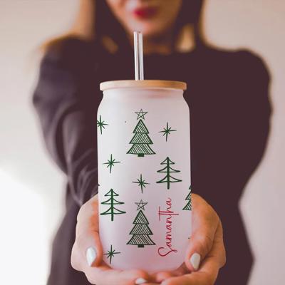 Personalized Christmas Tree Glass Cup with Bamboo Lid, Custom Name Frosted Iced Coffee Cup, Holiday Glass Can Tumbler, Cute Christmas Gift for Her