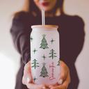  Personalized Christmas Tree Glass Cup with Bamboo Lid, Custom Name Frosted Iced Coffee Cup, Holiday Glass Can Tumbler, Cute Christmas Gift for Her