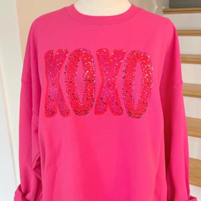 XOXO Glitter Faux Texture Sequin Printed Valentine's Sweatshirt, Valentine's Day Graphic Crewneck, Sparkle Sequin Style, Hot Pink Sweatshirt, Valentine Gift