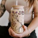 Color Wildflowers Personalized Iced Coffee Cup Floral Retro, Custom Can Glass with Lid and Straw, Bridesmaid Gift, Bachelorette Glass Cup, Bridesmaid Proposal