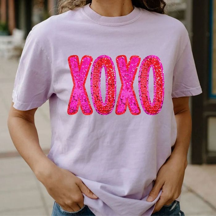 XOXO Sequin Comfort Colors Tee, Valentine's T-Shirts for Women, Valentine's Day Shirt Graphic Tee Cotton