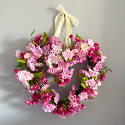 Valentine’s Day Heart Shaped Wreath with Pink Cherry Blossoms 