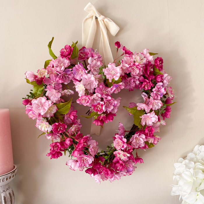 Valentine’s Day Heart Shaped Wreath with Pink Cherry Blossoms 