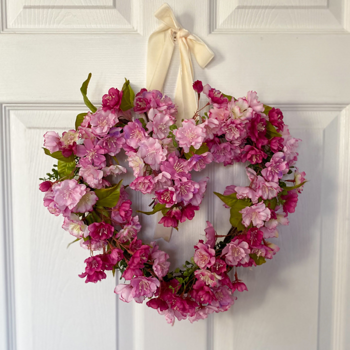 Valentine’s Day Heart Shaped Wreath with Pink Cherry Blossoms 