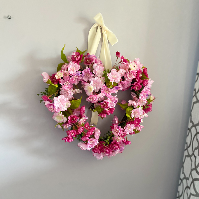 Valentine’s Day Heart Shaped Wreath with Pink Cherry Blossoms 