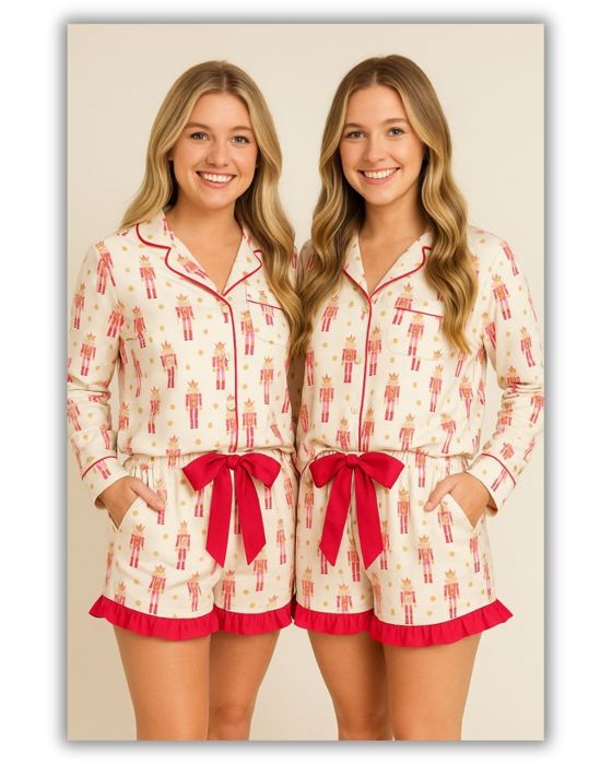 Pink Nutcracker Long Sleeve Ruffled Shorts Pajama Set