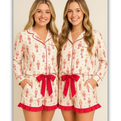 Pink Nutcracker Long Sleeve Ruffled Shorts Pajama Set