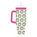  Green Wreath Christmas 40 ounce Stainless Steel Travel Coffee Water Tumbler with Straw and Handle