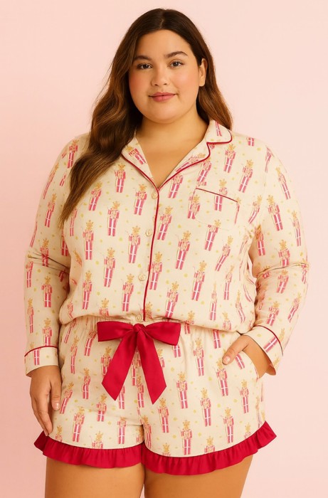 Pink Nutcracker Long Sleeve Ruffled Shorts Pajama Set