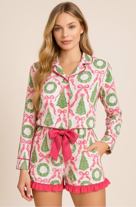 Pink Wreath Long Sleeve Ruffled Shorts Pajama Set