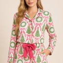 Large Pink Wreath Long Sleeve Ruffled Shorts Pajama Set