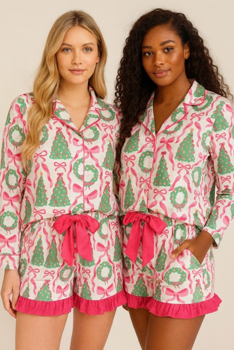 Pink Wreath Long Sleeve Ruffled Shorts Pajama Set