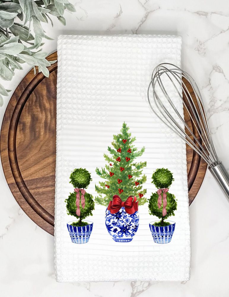 Blue Topiary Christmas Tea Towel