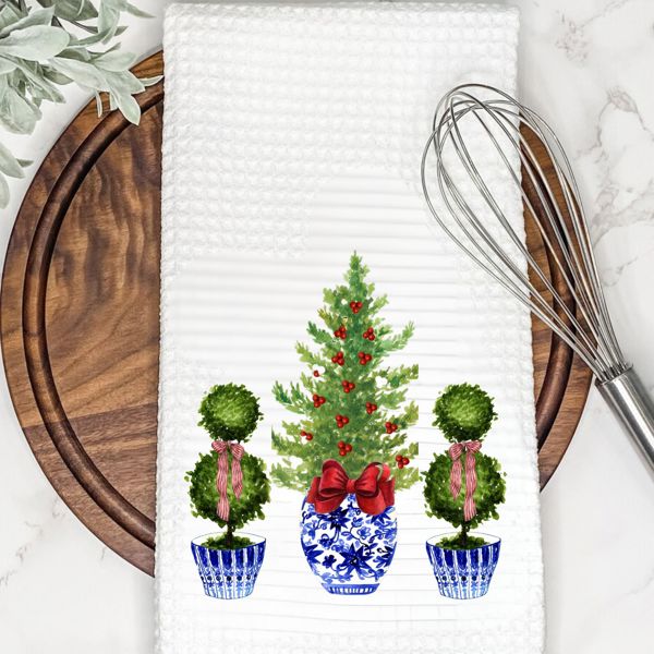 Blue Topiary Christmas Tea Towel