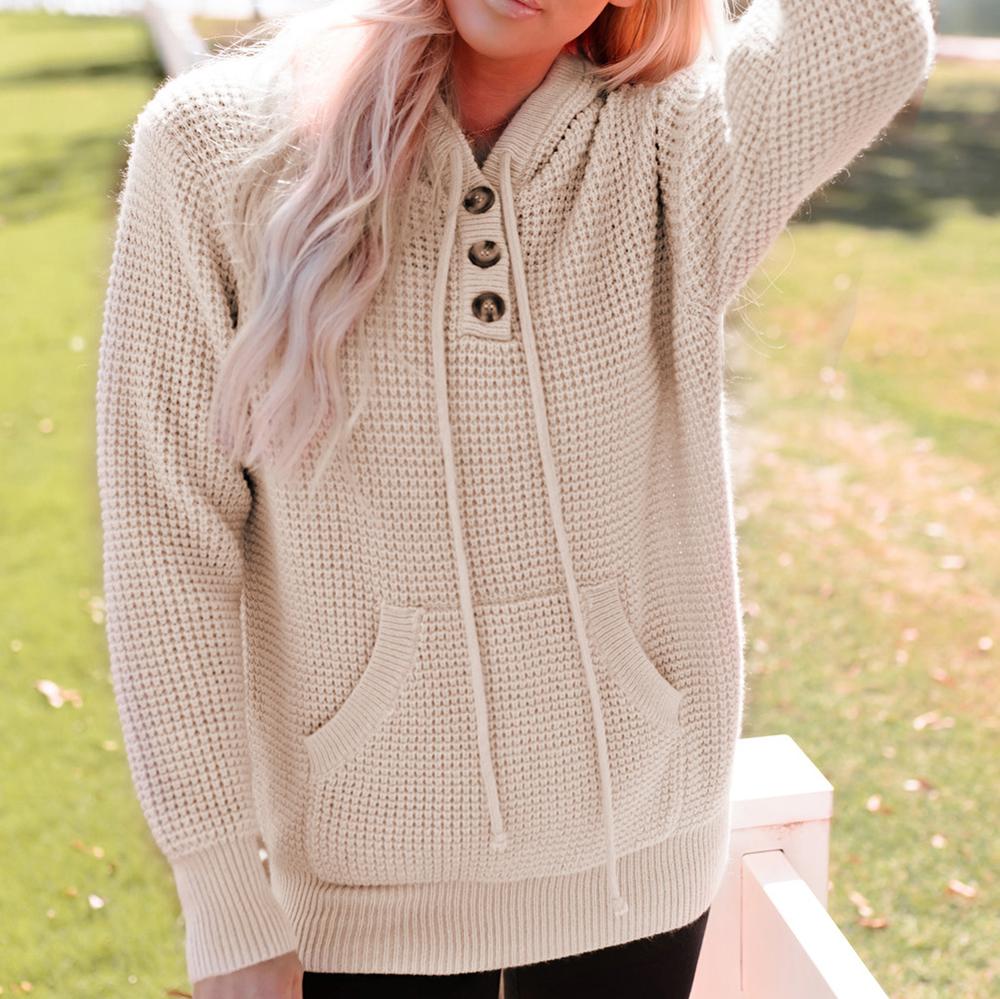 Joelle Waffle Knit Buttons Hooded Sweater