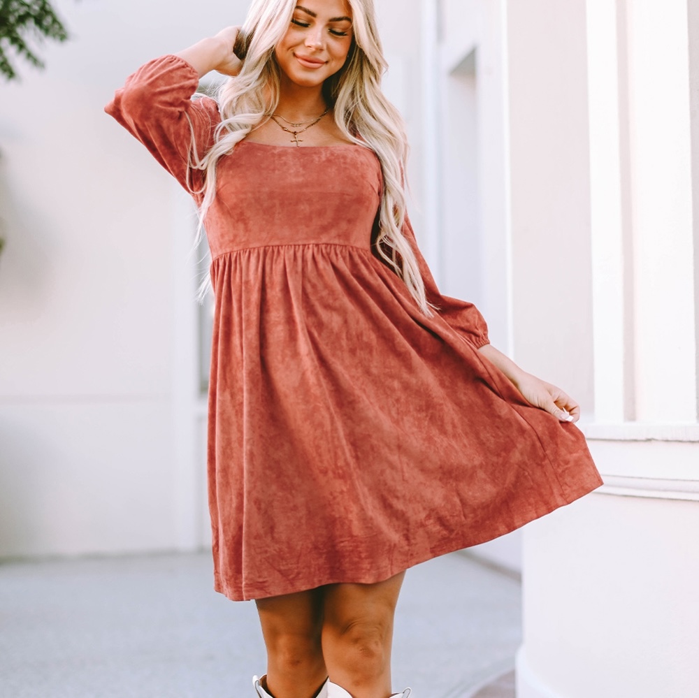 Kaylee Suede Square Neck Puff Sleeve Dress