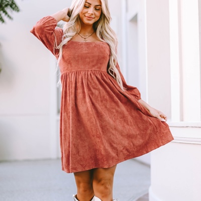 Kaylee Suede Square Neck Puff Sleeve Dress