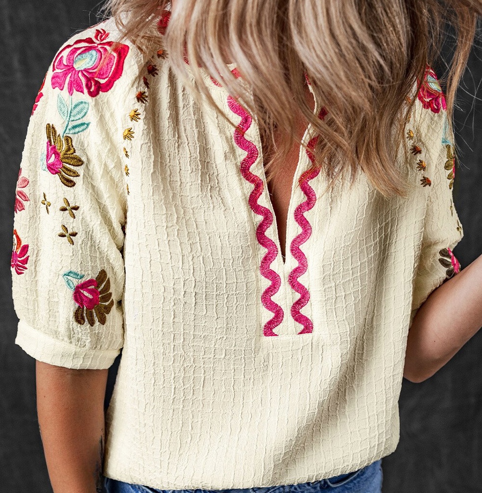 August Floral Embroidered Puff Sleeve Blouse