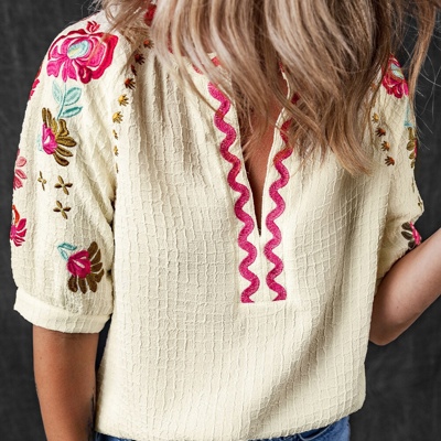 August Floral Embroidered Puff Sleeve Blouse