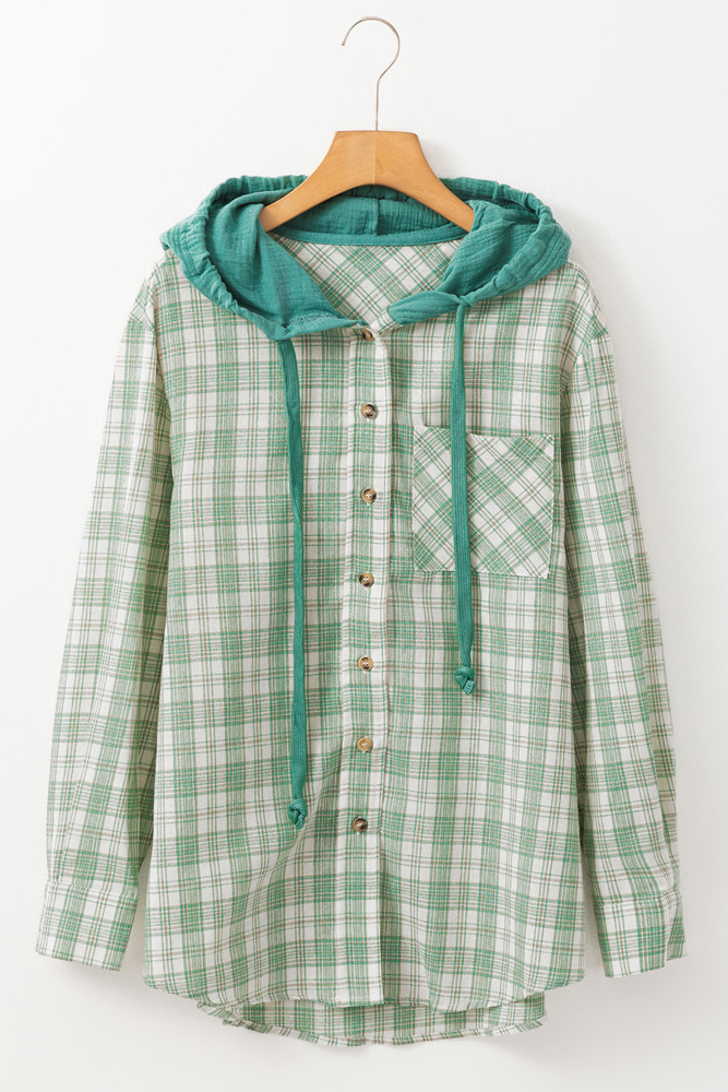 Ariella Checkered Loose Fit Buttoned Hooded Shacket